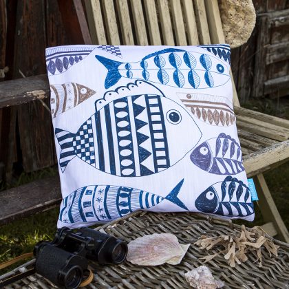 scraffito fish white cushion